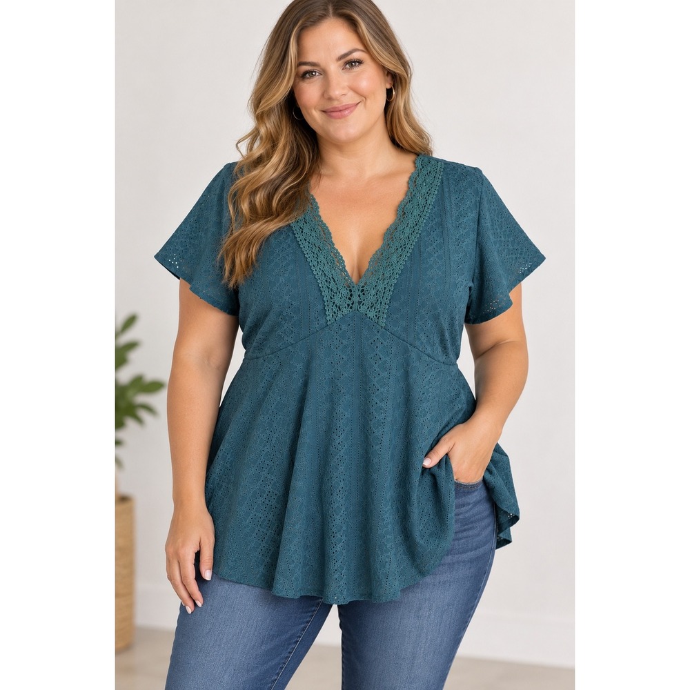 Teal Green Eyelet Lace V-Neck Babydoll Peplum Top Short Sleeve 2XL Boho Blouse